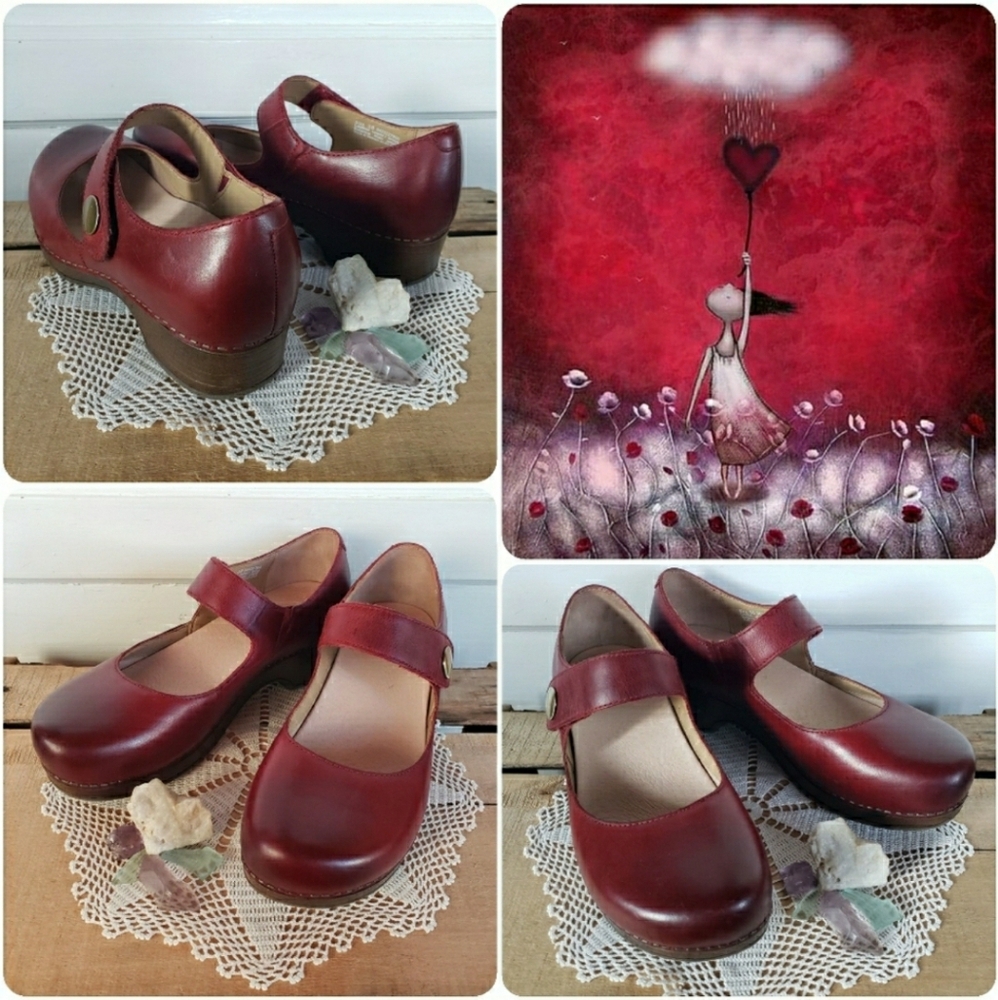 RED Dansko Beatrice MaryJane Clog Burnished Velcro Strap Button Boho Cottage - Picture 3 of 11